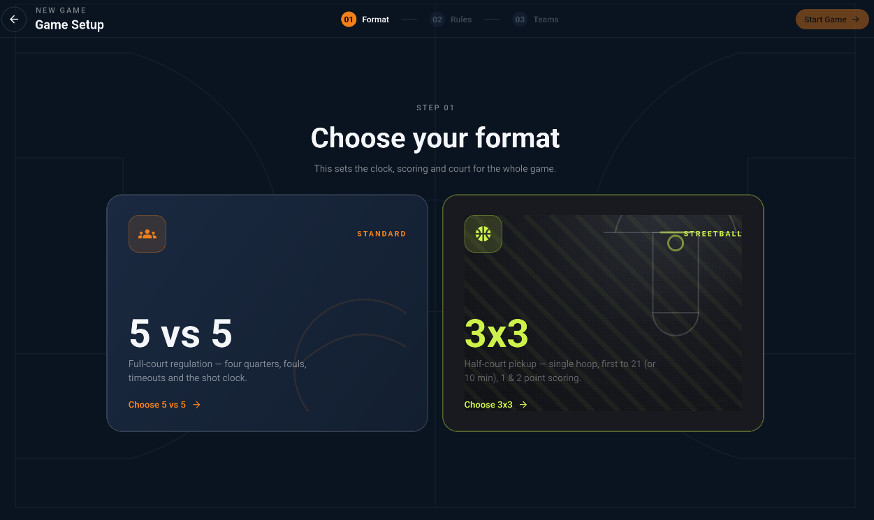 Courtside format selection — Choose your format with two large cards: 5 vs 5 Standard (full-court regulation) and 3x3 Streetball (half-court, first to 21 or 10 minutes, 1 and 2 point scoring).