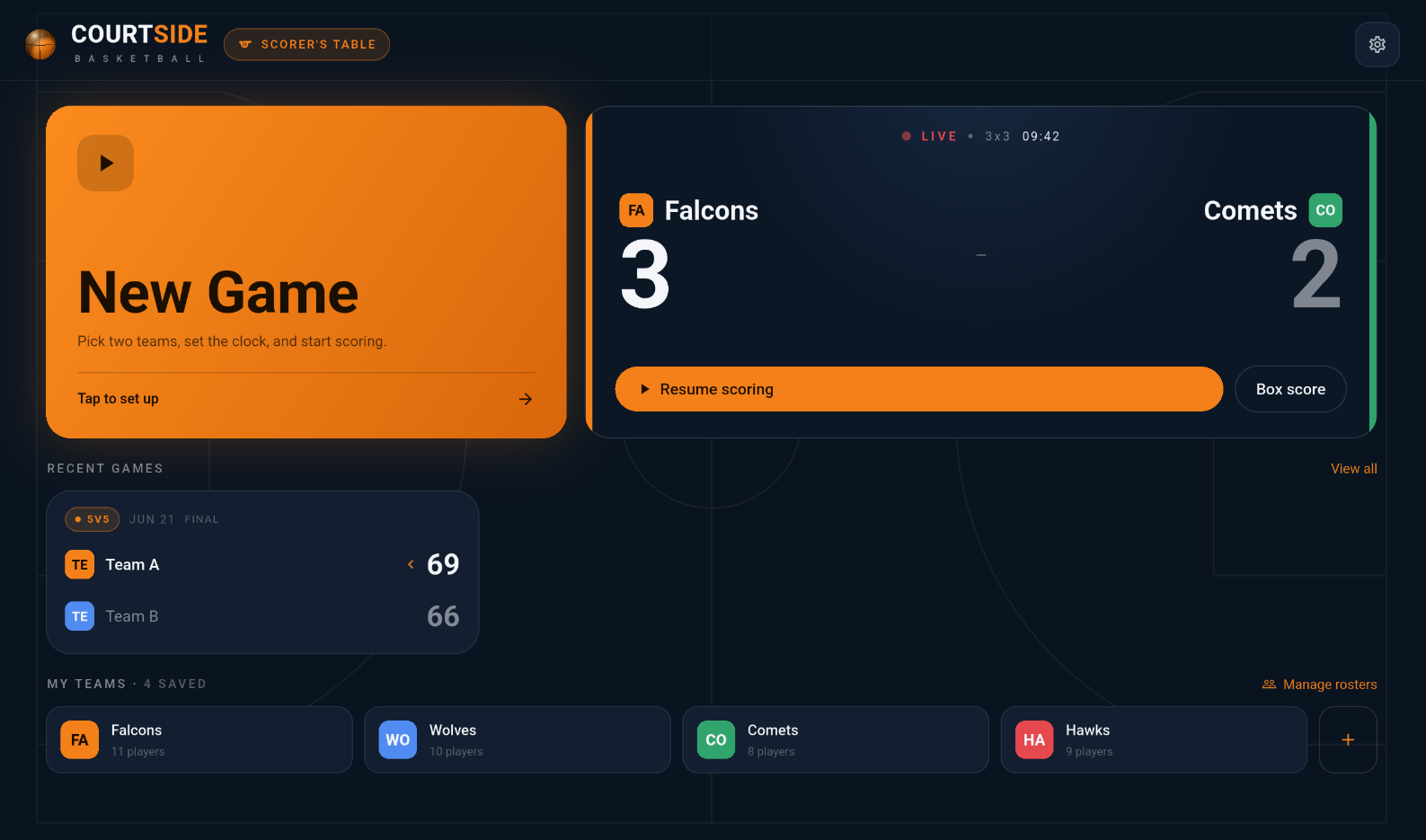 The CourtSide Basketball app home screen on a tablet — a New Game tile, a live scoreboard and recent results.